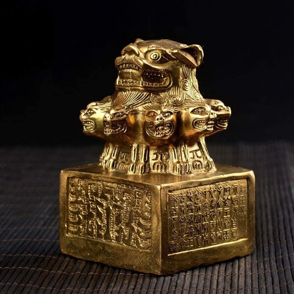 獅子印章 中式艺术黄铜九头狮子印章动物造型铜质狮头印玺